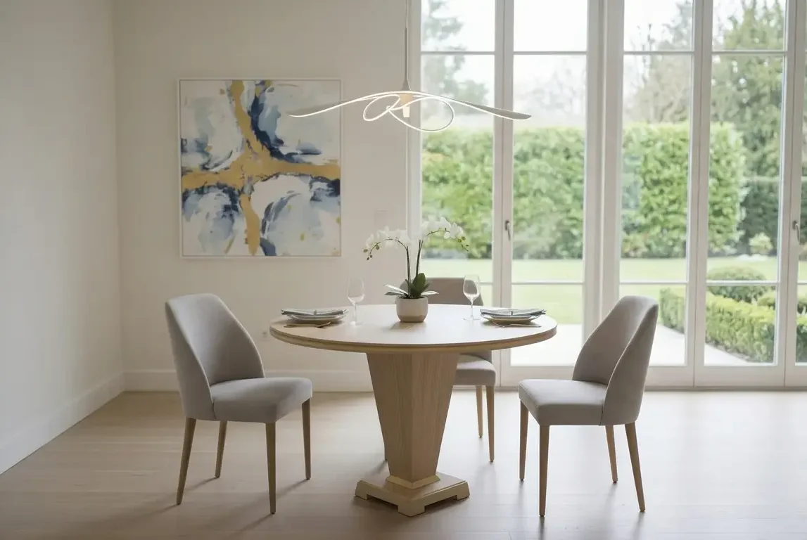Oak pedestal dining table with a gilt line, handcrafted by Markou Design London