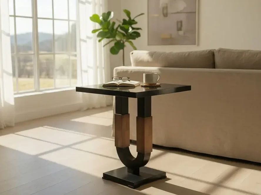 Bespoke oak side table with sculptural U-shaped base, made to order, Markou Design London