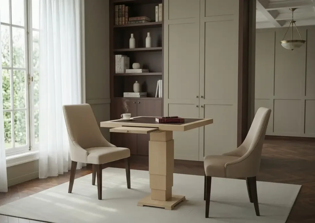 Bespoke square pedestal writing table with pull-out drawer and parquet top, made to order, London