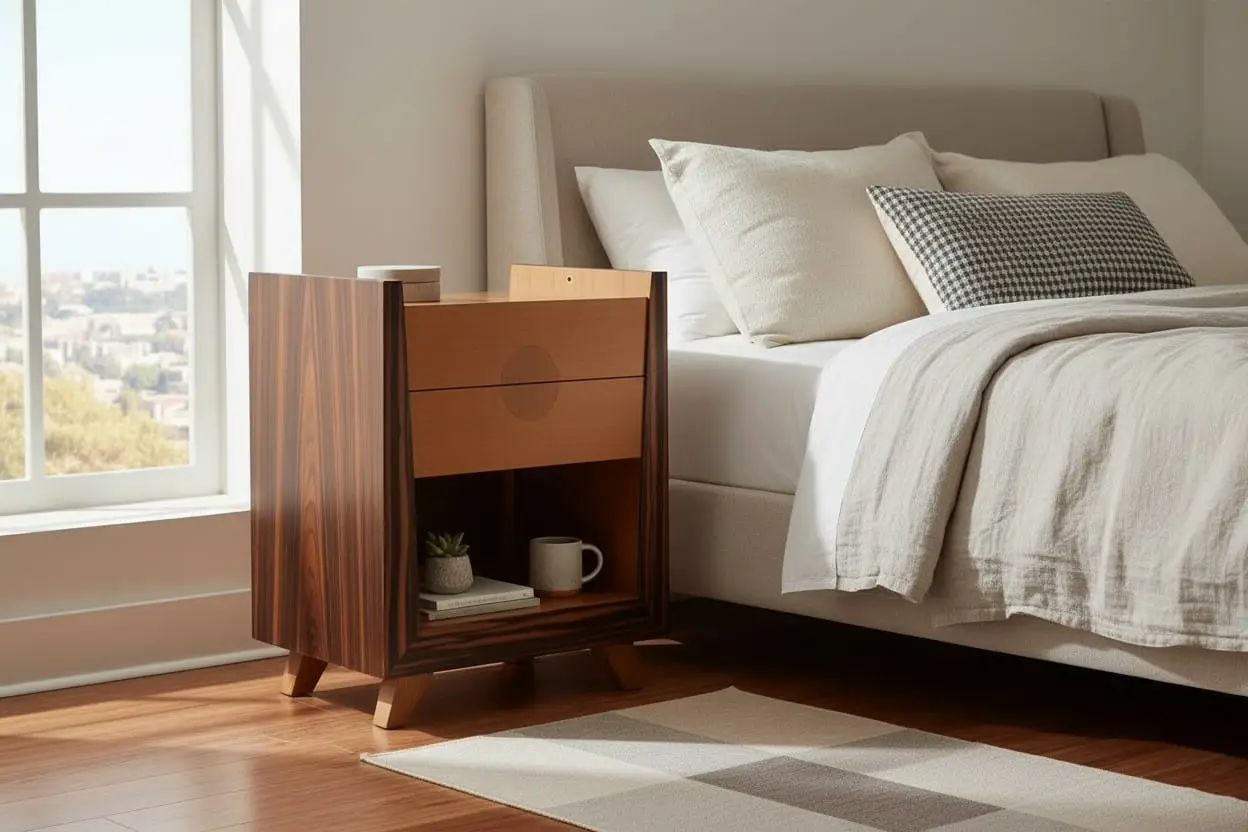 Walnut bedside cabinet with drawer and open shelf