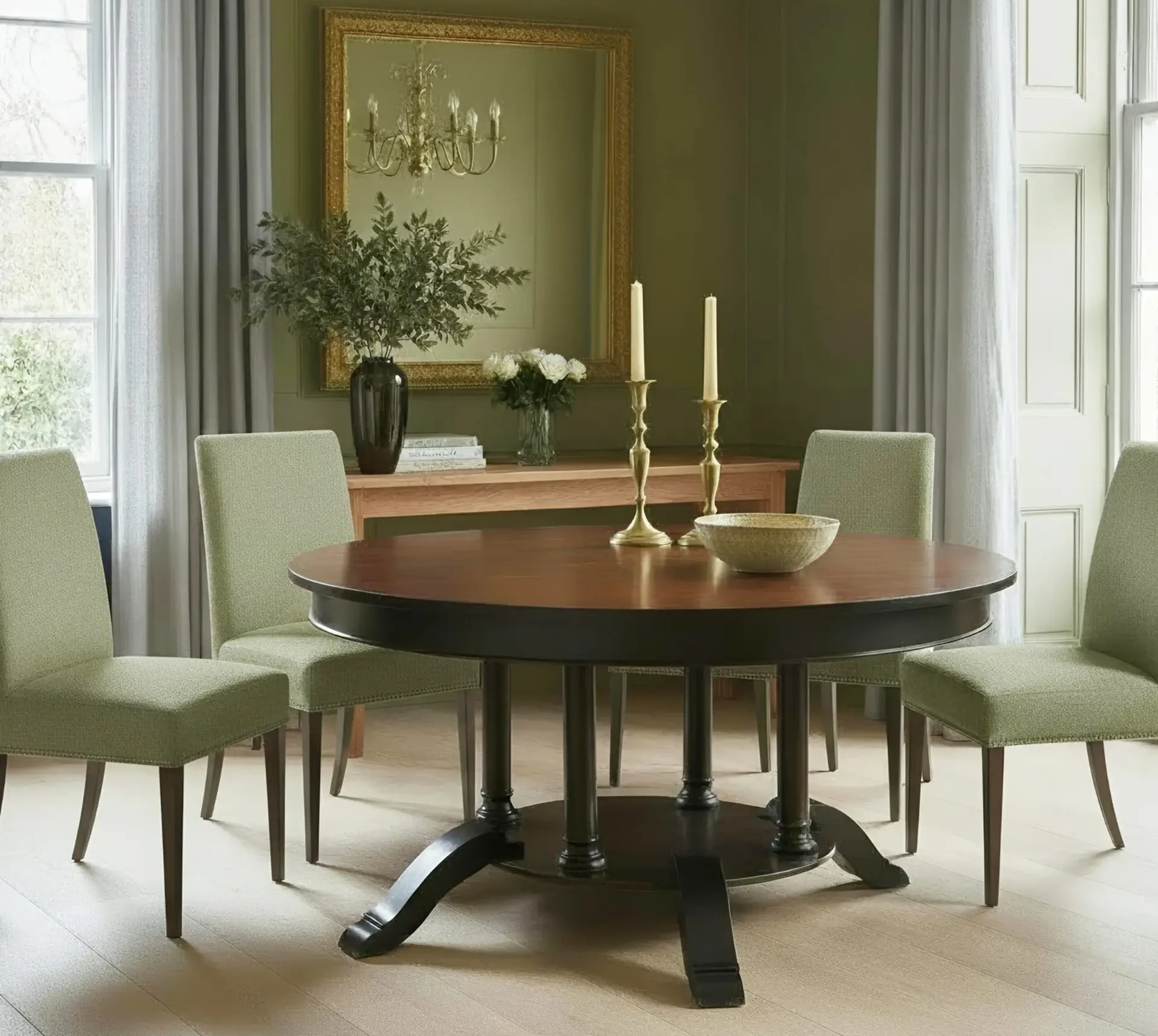 Ebonised round heritage dining table with Regency-inspired base
