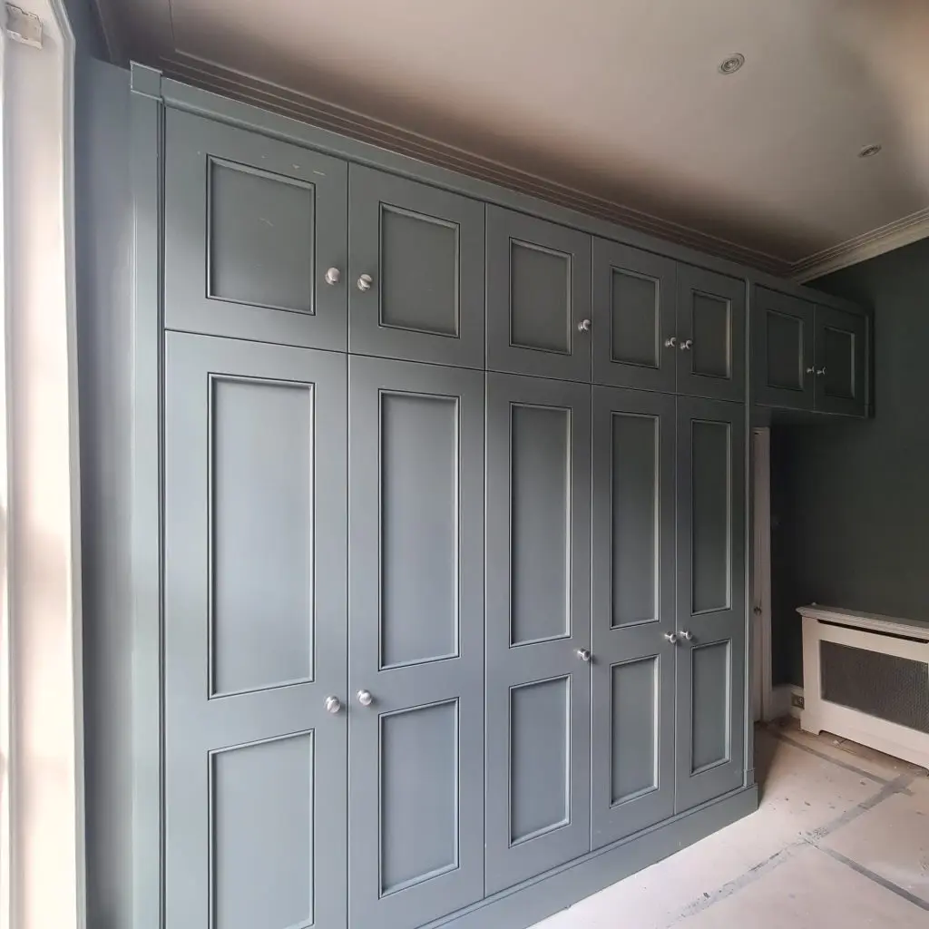 Shaker panel wardrobe door with satin nickel knob, Islington, London